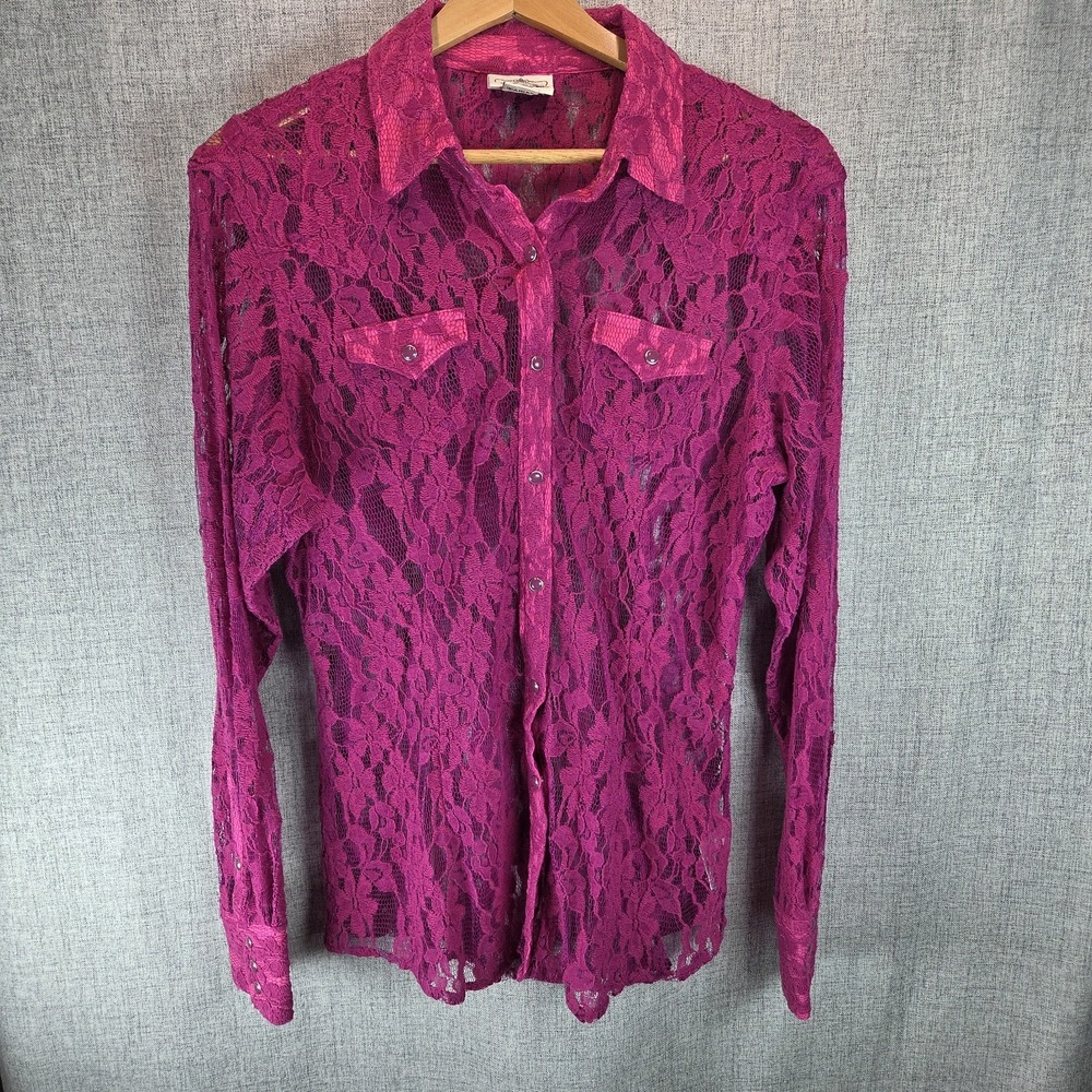 Ariat Sheer Lace Western Cowgirl Shirt Small Pink Floral Snap Festival Boho